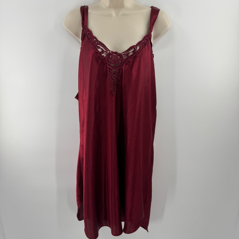 Vtg Dentelle Burgundy Satin Slip Dress Lace Lingerie Nightgown Size L/XL (D1)